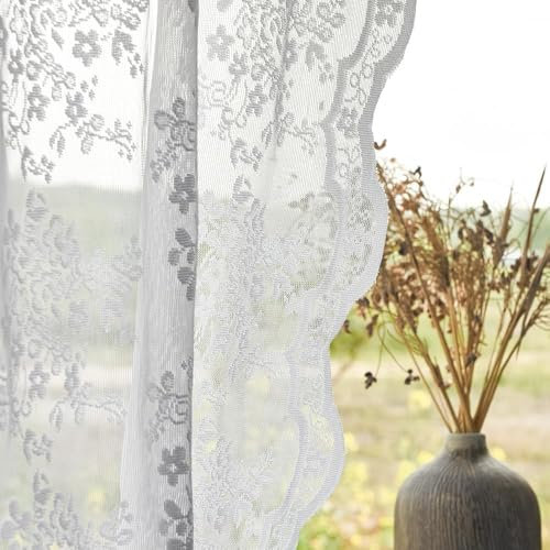 YJ YANJUN 2er Set Vorhänge Mit ösen Weiss Vintage Gardinen Kurz Spitze Vorhang Mit Blumenmuster Stores Gardine Häkelgardine Schal für Wohnzimmer Schlafzimmer Mädchenzimmer, (BxH) 140x145 cm, Weiß