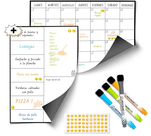 SB® Pack Calendario Magnetico Nevera Mensual A4 + Planificador Semanal A4 para Nevera + 4 Rotuladores Premium + 55 Stikers | Pizarras Magneticas para Nevera el Mejor Planificador Mensual.