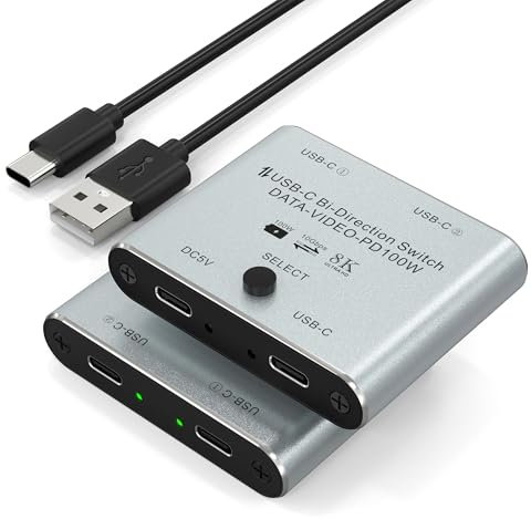 8K USB C Switch USB C Switcher para 2 Ordenadores - Bi Directional USB C KVM Switch Splitter for 8K@60Hz/4K@144Hz Video Transfer+100W Charging+10Gbps Data, with Power Cable