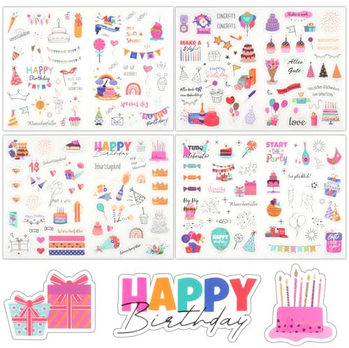Sticker Geburtstag| Aufkleber für Fotoalbum,GäStebuch& Geschenke |Party Sticker für Erwachsene & Kinder - Set Mit 170 Motiven Auf 4 BöGen (Rosa)