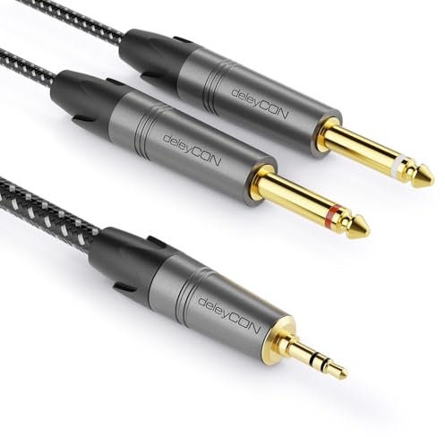 deleyCON 2m Jack 3,5mm Stéréo vers Câble Mono 2x Jack 6,3mm - Câble Audio en Y Splitter Interface Numérique Câble D'instrument pour Mixeur, Enregistreur Audio, Guitare, Amplificateur, Microphone