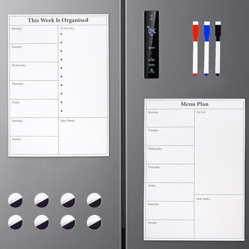 Marte Vanci Magnetic Weekly Planner Meal Planner,Magnetic Whiteboard for Fridge, A4 Dry Erase Boards with 3 Markers 8 Magnets for Menu Shopping Lists Memo Reminder Calender Notes Kitchen Office 2 Pcs