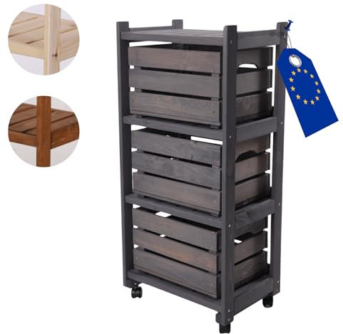 MODO24 Gemüseregal, Kistenregal mit 4 Ebenen, mit 3 Kisten SD3 40x30 cm, Holzregal, Regal für Kisten, Rollenregal, Küchenregal, Regal mit Rollen, Regal für Obst, Abmessungen 102x48x34cm, Farben: Grau