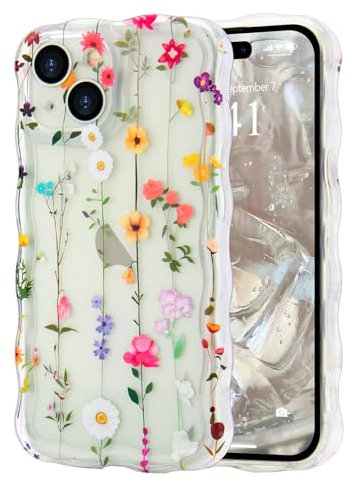Micoden Cute Curly Wave Case for iPhone 15 Plus,Clear with Anti-Yellowing Flower Floral,Soft TPU Slim Bumper Shockproof Anti-Scratch Protective Wavy Cover for Girls Women-Yellow