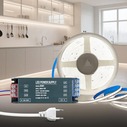 KSIBNW 12V COB LED Streifen Weiß 6000K, 5M Selbstklebend LED Strip mit 12V Netzteil 100W Trafo und 1M Stecker, 320LEDs/M 8mm Breite CRI90+ Flexibles LED Band für Fernseher, DIY Dekoration