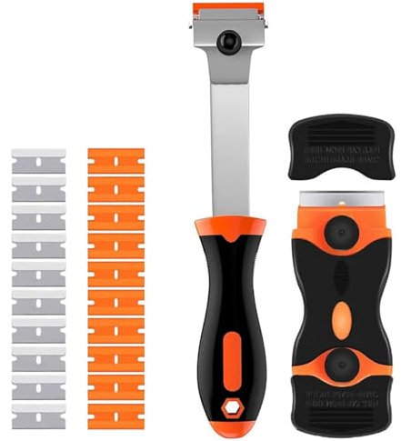 Window Scraper Tool Set, Double Edged Window Scraper and Long Handle Scraper, Multipurpose Cleaning Scraper Tool with 10 Metal Blades and 10 Plastic Blades for Window Glass Hob Oven Cooktop (Orange)