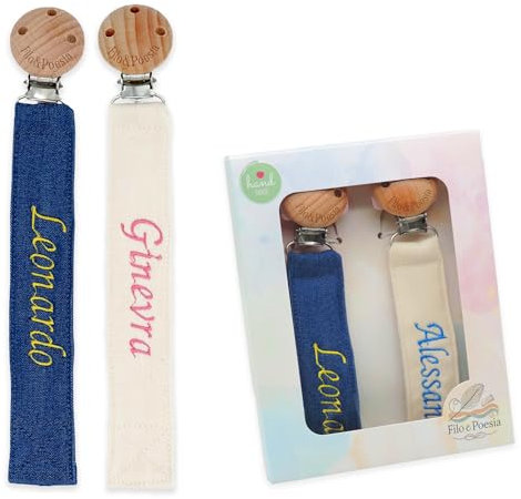 Filo e Poesia Catenella Portaciuccio Con Nome, Personalizzato con nome ricamato, tanti modelli e colori Portaciuccio da poter scegliere, ottima idea regalo per Baby Shower (Blu-Beige)