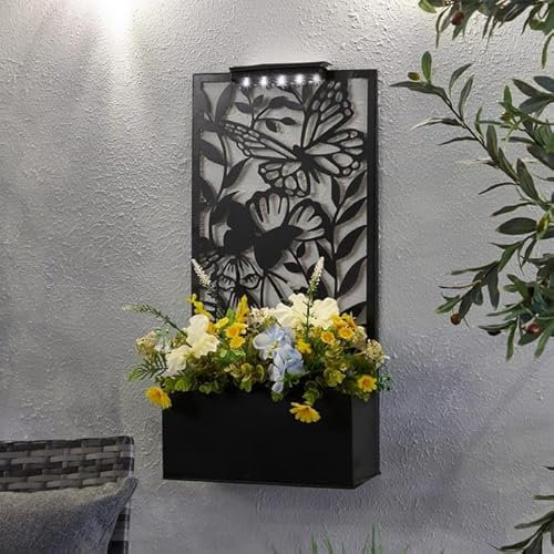 FAHAAM Floor & Wall Mounted Solar Light Planter LED Wall Planters with Decorative Metal Panel Solar-Powered Light Wall Planter Metals Flower Box Garden Outdoor Metal Basket for Flowers. (Butterfly)