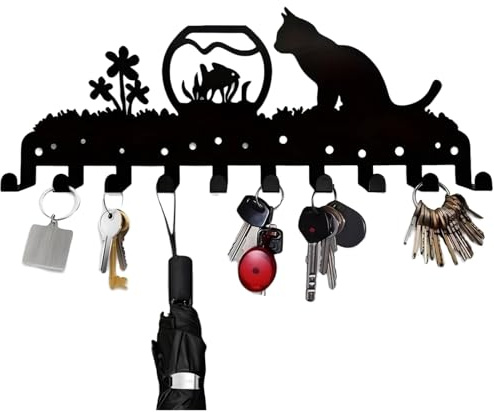 BEJAGWUS Schlüsselbrett,Schlüsselhaken,Schlüsselboard,Schlüsselleiste | Schlüsselhalter Wand mit Katzenkunstmuster,Kohlenstoffstahl,Schwarz,Schraubbefestigung,Deko für Flur,Wohnzimmer,Küche
