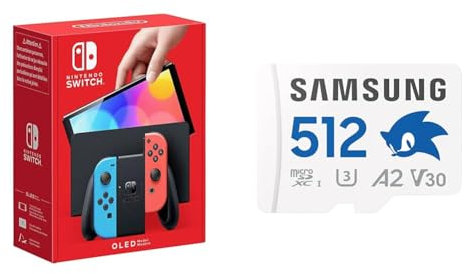 Nintendo Console Switch (Modèle OLED) avec Manettes Joy-Con Bleu Néon/Rouge Néon + Sonic microSD Card