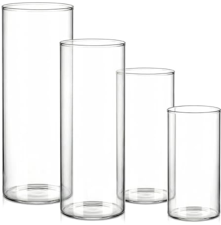 Glasvase Set 4 Stück, Zylindervase Transparent, Kerzenhalter Glas, Stumpenkerzenhalter, Blumenvase Modern, Tischdeko für Hochzeit, Wohnzimmer, Esstisch, Centerpiece