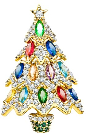 Unimooie Weihnachtsbaum Brosche Damen Festliches Design mit funkelnden farbigen Zirkonia Steinen Goldener Topf Stander mit funkelnder Sternspitze Elegante Festtags Anstecknadel