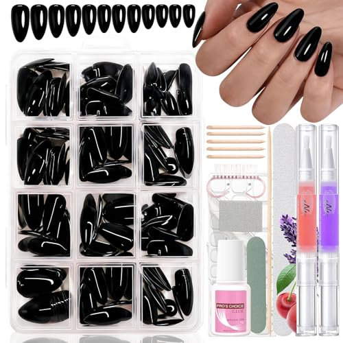 240 Stück Falsche Nägel Zum Aufkleben, Schwarz Oval Französisch Kurze Künstliche Fingernägel Kit mit 2 Pcs Nagelöl Stift - Full Cover Fake Nails softgel Natürliches & Angenehmes für DIY (Black Almond)