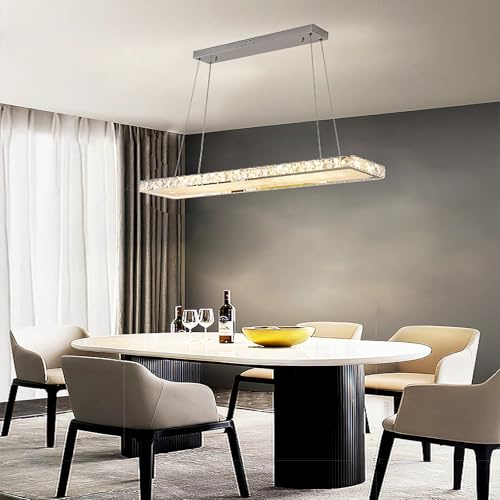 LED Pendelleuchte Kristall Schirm 80cm Kronleuchter Dimmbar mit Fernbedienung Hängeleuchte Esstisch Lampe Modern Hängelampe für Esszimmer Kochinsel Bar Büro Leuchte Höhenverstellbar Rechteckig Chrom