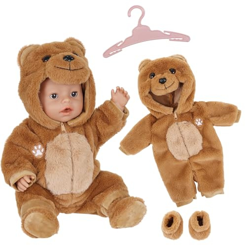 Puppenkleidung für 14-18 Zoll Babypuppen, Bären-Outfits mit Overall, Socken und Kleiderbügel für 35-45cm Puppenkleidung Plüschbär, Süße 43cm Puppen Kleidung Zubehör Geburtstagsgeschenk für Kinder