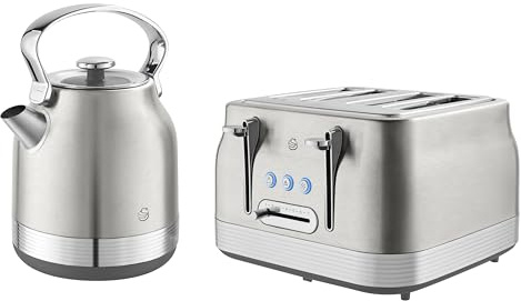 Swan Retro Kitchen Set, 1.7L Rapid Boil Kettle with 360 Degree Base, 3000W, and 4 Slice Toaster with 7 Browning Levels, 1860W, Stainless Steel, SK14631SS & ST19029SS