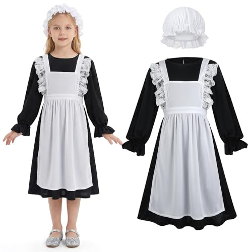 GSrenyu Victorian Costume Girl Victorian Maid Costume Dress With Mop Cap | Fancy Dress Costumes, Victorian Day Outfit Girls, Victorian School Girl Costumes, Mopcap And Apron Kids