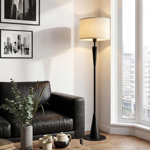 Stehlampe Wohnzimmer E27 Led 9W, Dimmbare Stehleuchte Mit 3 Lichtfarben (3000K–6500K), Stehlampe Schwarz Mit Stoffschirm Beige, Holz-Metall Design, Fußschalter, Moderne Bodenlampe Schwarz Beige