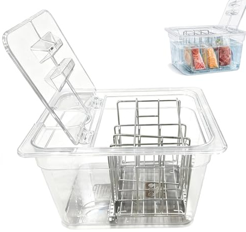 Conteneur Sous Vide, 11L avec Couvercle Rabattable Amélioré et Rack en Acier Inoxydable 32,5×26,5×20 cm Bac Transparent BPA Free pour Cuiseurs Sous Vide pour Cuisson de Poisson et Viande