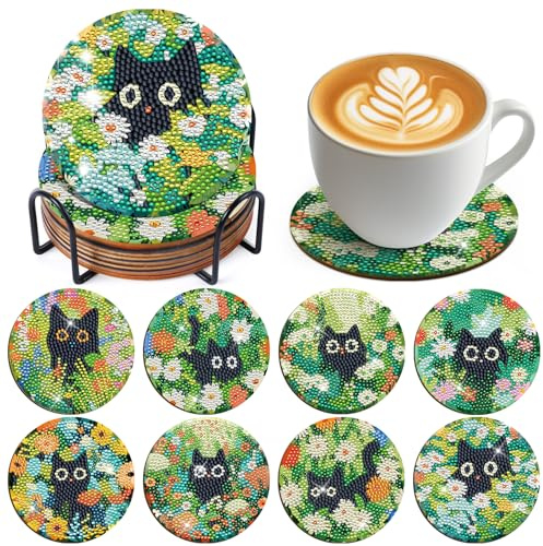 Nymora 8 Pcs Cat Diamond Painting Coasters Kit with Holder, Personalisiertes Diamond Painting Katze Untersetzer, DIY Craft Gift for Women, Teens and Beginners