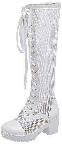 Gicoiz Donna Comodo Cordoncino Al ginocchio Plateau Stivali Militari Inverno Low Block Stivali Esteriore Moda Combat Biker Boot Estate Bianco-Zip Posteriore Numero 45 EU-47Cn