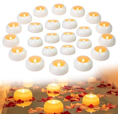 24 Bougies Flottantes LED, Bougies LED Flamme Vacillante Étanches pour Piscine, Bain et Fontaine, Bougie Flottante Chauffe Plat LED, 200 Heures d’Autonomie