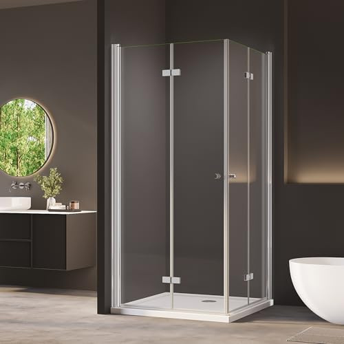 AmuseVera Duschkabine Falttür 90x90 cm Eckeinstieg Dusche Rahmenlos Duschabtrennung Eckdushe Doppelte Falttüren aus 6mm ESG-Sicherheitsglas Höhe 185 cm