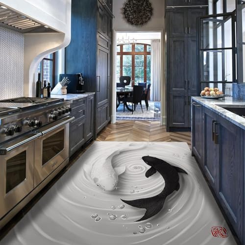 HOBBOY Flächenteppiche 100x200cm Waschbarer Rutschfester Teppich Yin Yang Koi Fischbodenteppich für Wohnzimmerbüro Schwarzes Weißwasser Wellen Tiefflorteppiche Feng Shui Teppiche