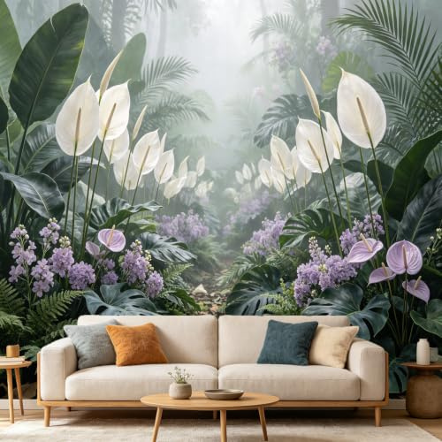 Custom Size Wall Mural Tropical Mist Botanical White Peace Lily Purple Flower Path， SelfAdhesive Art Prints wall Fabric Removable Large Wallpaper Home Living Room Decor