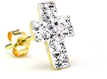 Boucle d'Oreille Croix en Or Jaune 9 Carats et Strass