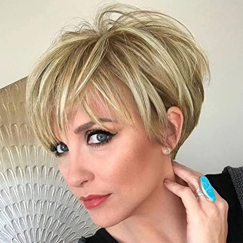 Queentas Per¨¹cke Blond Damen Per¨¹cken Kurz mit Pony Haare Per¨¹cke Pixie Cut Perr¨¹cke Frauen Blond Kurzhaarper¨¹cke Damen Synthetisches(Mischung aus Braun und Blond£©