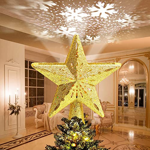 Avoalre Christmas Star Projector with Rotating LED Snowflake Light - Gold Xmas Tree Topper Gift Decor