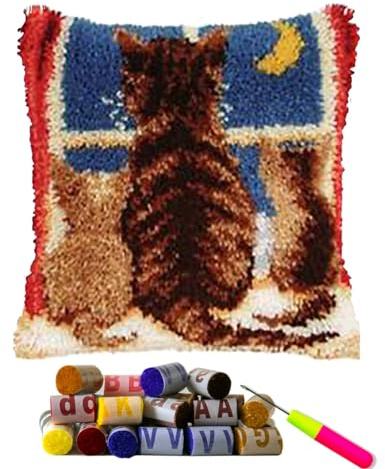 DL-YTG Latch Hook Kits Pillow Back Cat Crochet Yarn Cushion Colour Pre-Printed Canvas Rug Needlework DIY Pillowcase Hook and Latch Kit Christmas Home Arts Crafts Sofa Decoration 42x42cm/16X16inch