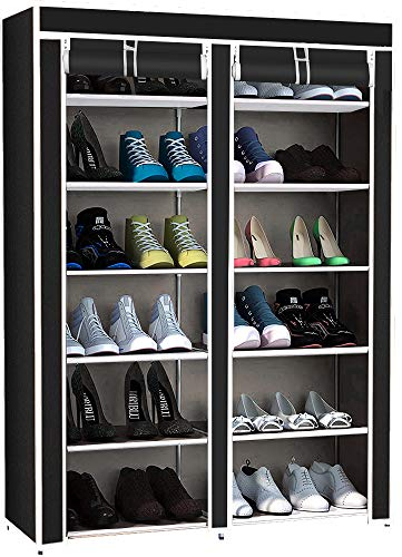 Zapatero Armario tela con cremallera entrada recibidor o garaje Grande 36 pares. 110x110x30cm. Doble. 6x2 Niveles. Estantería organizadora de zapatos y botas. Tubos de acero. Estable y robusto.