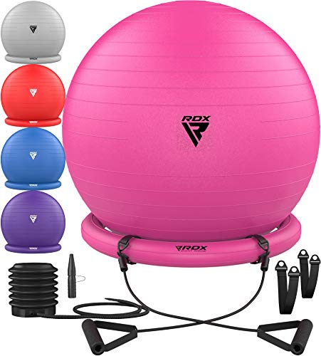 RDX Gymnastikball mit Widerstandsbänder Stabilitätsbasis, Extra Dicker Sitzball Yoga Pezziball Fitness Pilates Stuhl, Anti-Berst Balance Ball Luftpumpe Schwangerschaft Büro Hause Fitnessstudio 250kgs