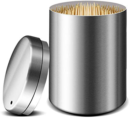 Dispensador de palillos de dientes de acero inoxidable de metal, con 500 palillos redondos de bambú para dientes y aperitivos.