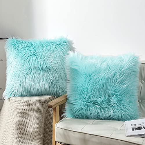 OYIMUA Kunstfell Flauschig Kissenbezug 50x50 2er Set Shaggy Schaffell Deko Kissenhülle 50x50 Hell Türkis Fellkissen Zierkissen für Wohnzimmer Couchkissen Balkon Dekokissen Garten Outdoor Kissen