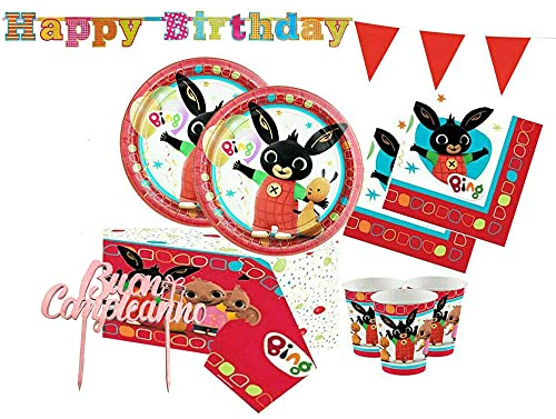 kit n 79 Coordinato Festa Bing & Friends Addobbi piatti bicchieri tovaglioli tovaglia coniglietto nero + topper in legno buon compleanno rosa