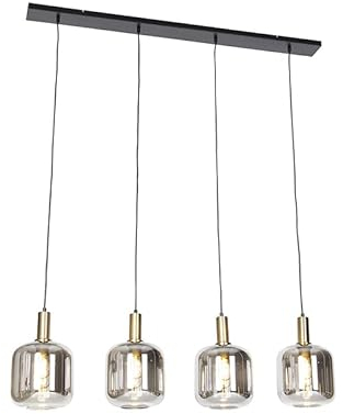 Qazqa - Design Hängelampe I Pendellampe I Pendelleuchte schwarz mit Gold I Messing mit Rauchglas 4-flammig - Zuzanna I Wohnzimmer I Schlafzimmer - Länglich - LED geeignet E27