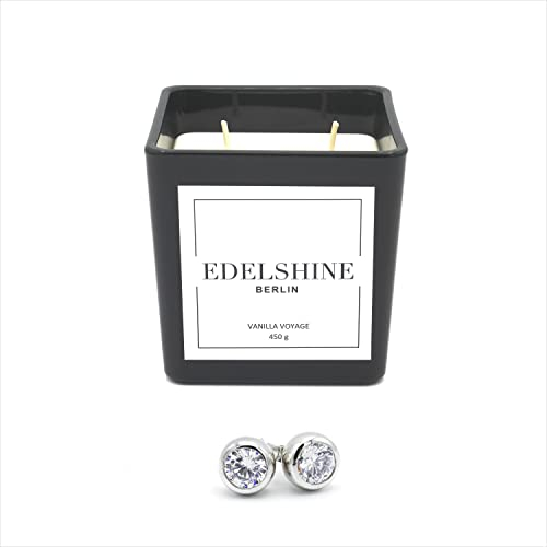 EDELSHINE | Große Sojawachs Duftkerze im Glas, Vanille | mit elegantem Casual Schmuck in 925 Sterling Silber | 450g, Brenndauer 80 – 100 Std. | handgefertigt in Deutschland (Ohrringe)
