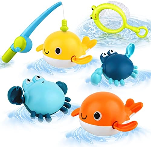 twoonto Badespielzeug, Angelspiel mit 4 Stück aufziehbarem Badespielzeug, Fischernetz, schwimmendes Pool-Badewannenspielzeug, Montessori-Spielzeug für Kleinkinder für 1 2 3 4 5 Jahre