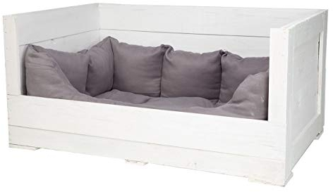 Kistenkolli Altes Land Hundebett Balu aus Holz mit Kissen 90x57x45cm Hundekorb Hundekissen Schlafplatz Vintage Hundesofa für draußen (90x57x45cm, Weiß)