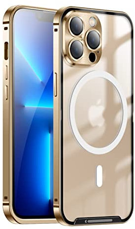 Cbincn Metal Frame Camera Lens Protector Case for iPhone 14, Magnetic Adsorption Metal Bumper Back Translucent Matte PC Cover, 360 Full Body Protection Case for iPhone 14 Gold