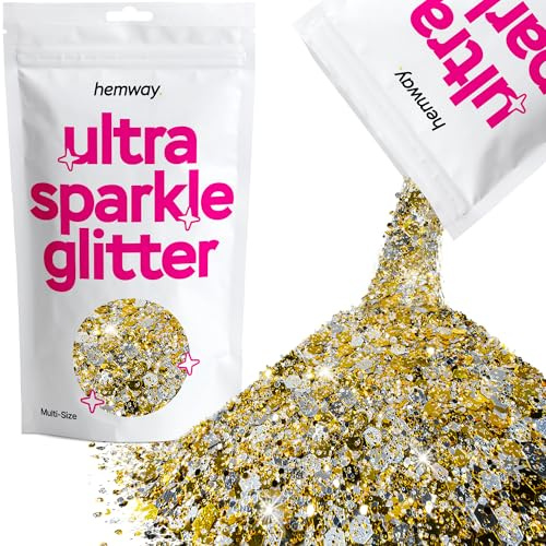 Hemway Ultra Sparkle Glitter Gold Silver 100g Multi Size | Glitter for Arts & Craft, Makeup, Nail Art, Crafting, Card Making, Sparkle Decoration