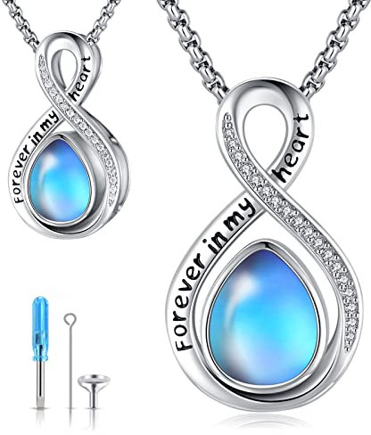 Eusense Halskette Urne Anhänger Unendlichkeitsknoten für Asche Forever in My Heart Mondstein Medaillon Herz Kremation Schmuck in 925 Silber