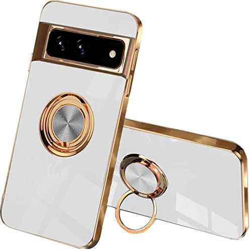 UPLAI Case for Google Pixel 7 Pro, Ultra Thin Shockproof Electroplating Design Cover with Ring Holder, Soft TPU Silicone Bumper Cover.White