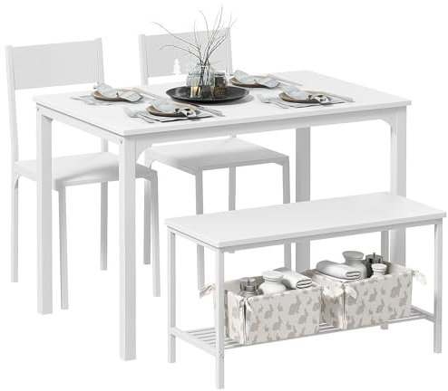 DlandHome 4-teiliges Set Esstisch mit 2 Stühlen & 1 Bank Küchenmöbelset aus Holz und Stahlgestell Weiß