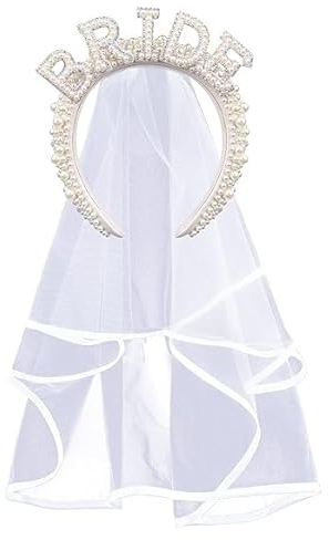 JUSTOTRY 1 pcs Bride to Be Stirnband,Team Bride Headband mit Weiß Schleier für Jga Frauen Accessoires,Die Geschenk mit Pearl “BRIDE” Lettering für Junggesellenabschied Frauen und Jga Deko