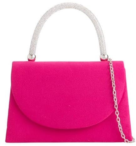 Borsa a mano in pelle scamosciata con manico in strass, per matrimoni, serate e feste, Rosa fucsia, medium