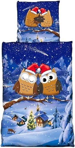 Visaggio Winter Bettwäsche 135x200 cm Flausch Thermofleece Bettbezug Deckenbezug Blau Winterlandschaft Eulen Weinachten 2 teilig